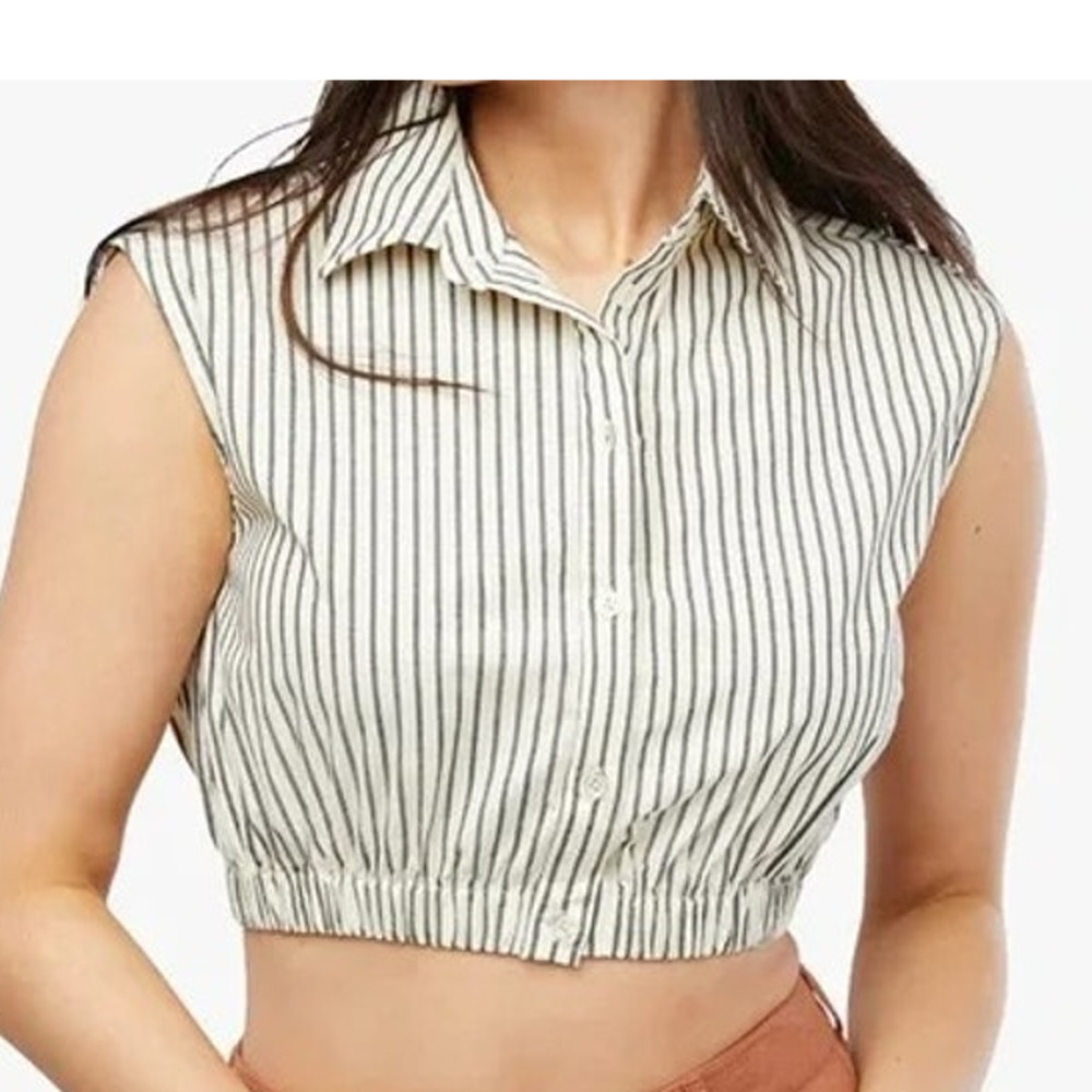 NWT Weworewhat Cropped Sleeveless Popover Shirt Small Antique White Grey Stripe